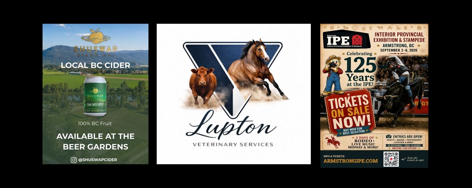 Shuswap Cider, Lupton Veterinary, and Armstrong IPE